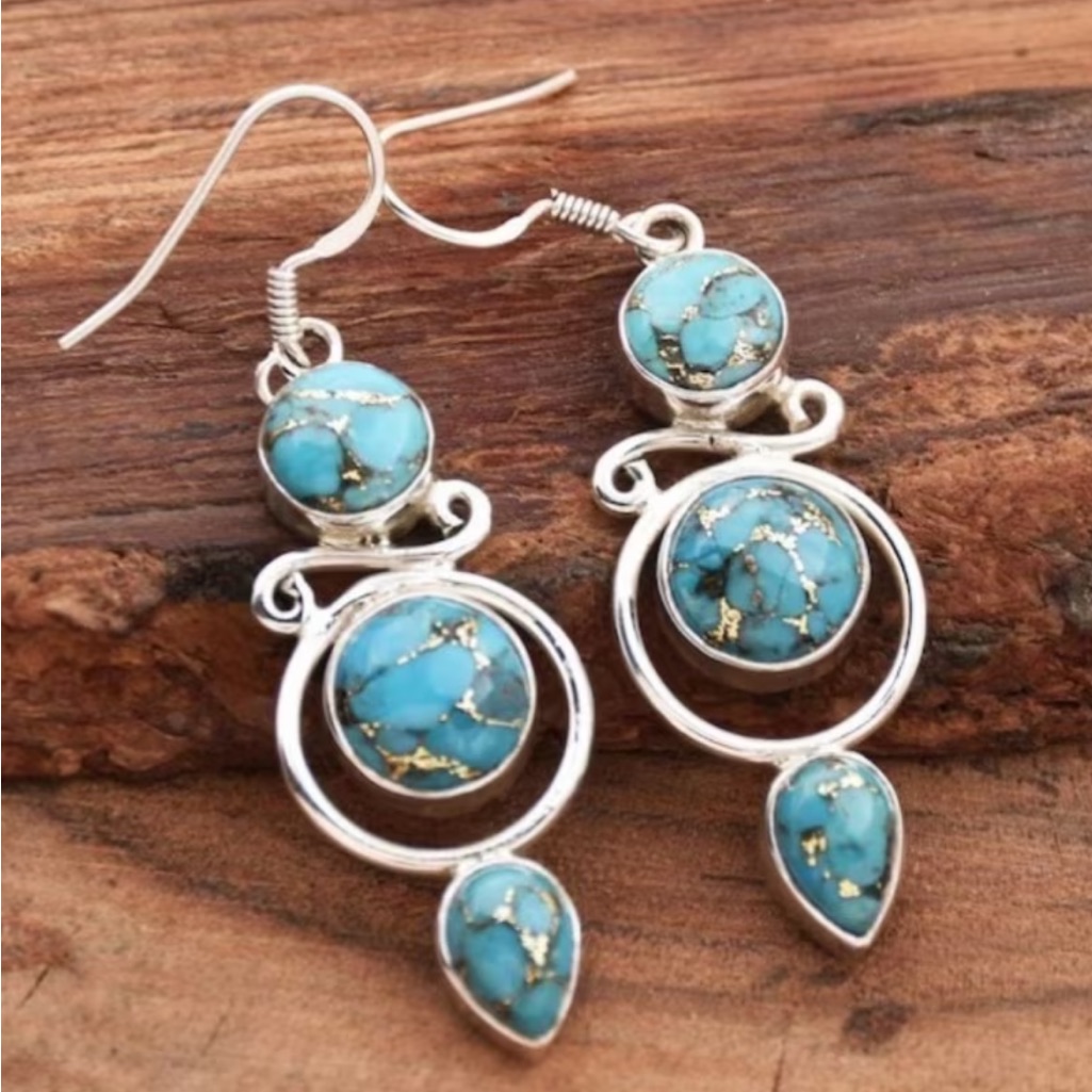 Boho Turquoise Dangle Earrings Silver Tone Western Southwestern Drop
